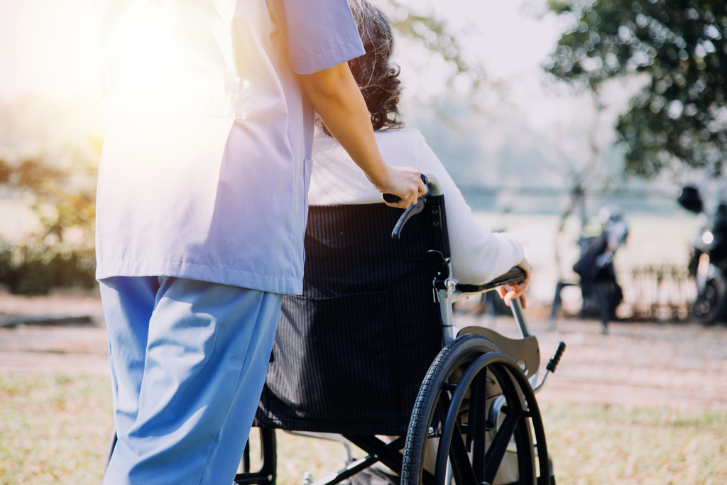 Caregiver Pushes a Wheelchair