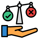 illustration of a hand holding a traditional measuring scale leaning towards the green check icon on the left and away from the red x icon on the right