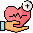 illustration of a hand holding a heart with a patient monitor line and a plus sign on it